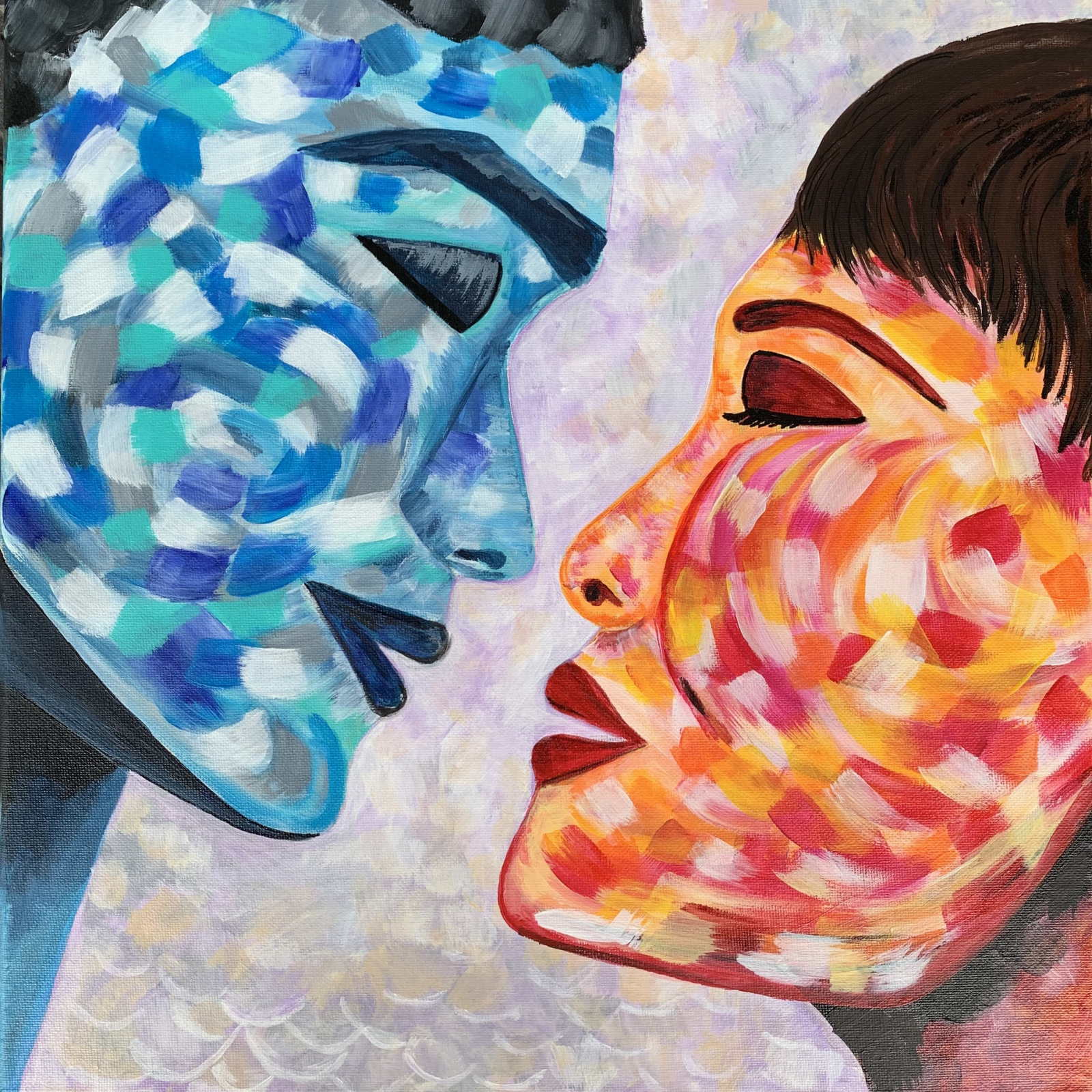 Acrylmalerei, kalte und warme Farben, Liebesthema: "Der unmögliche Kuss"