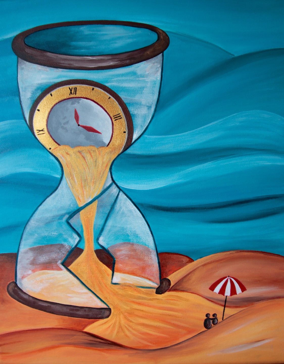 Acrylmalerei, surrealistische Landschaft mit Sanduhr: "Verschwendete Zeit kommt nie zurück"