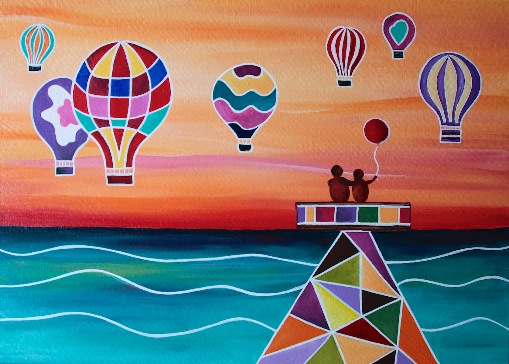 Acrylmalerei, Fantasie mit Sonnenuntergang und Luftballons: "Hohe Hoffnungen"