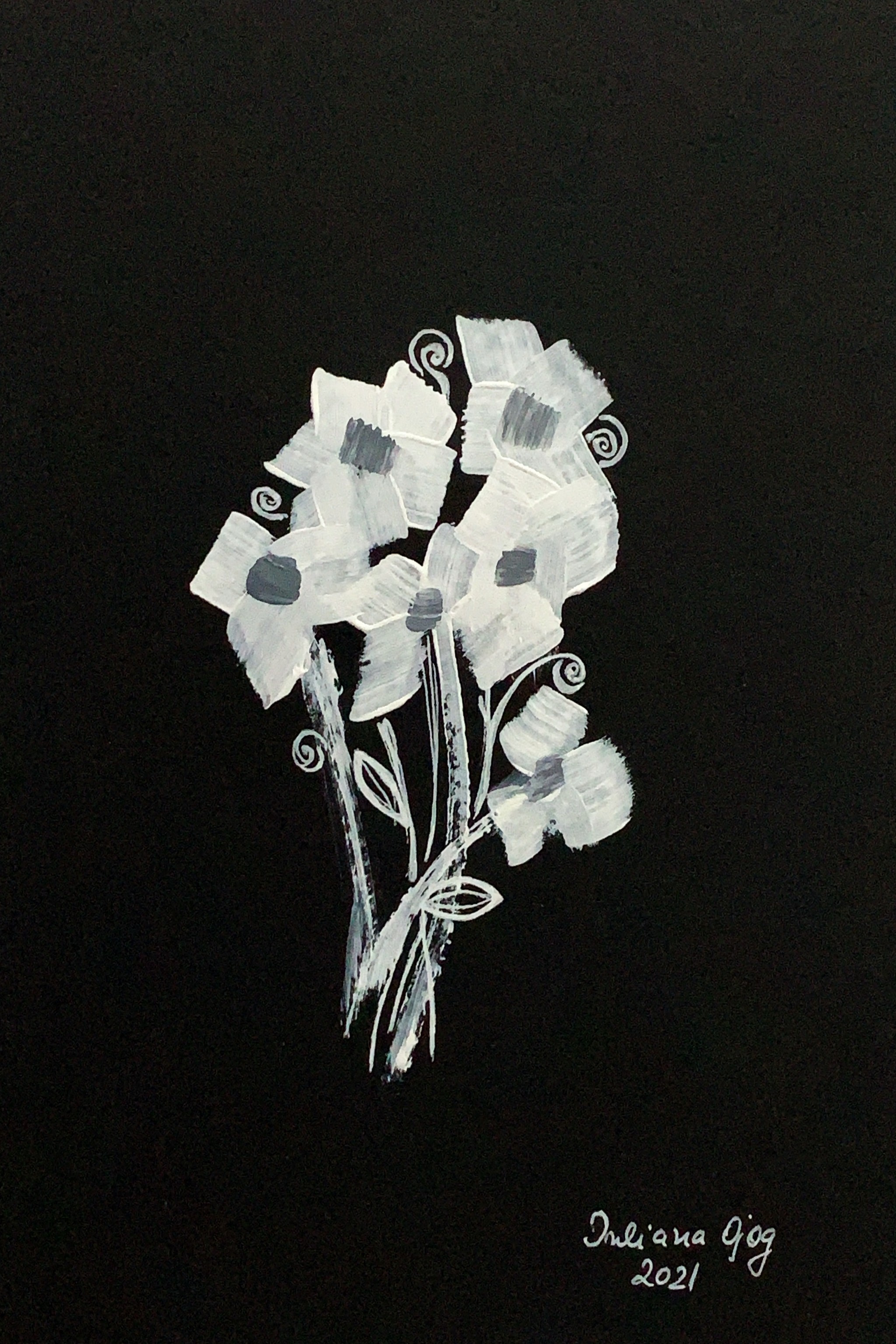 Sketch, Acrylfarben weiß auf schwarz: "Zarte Blumen"