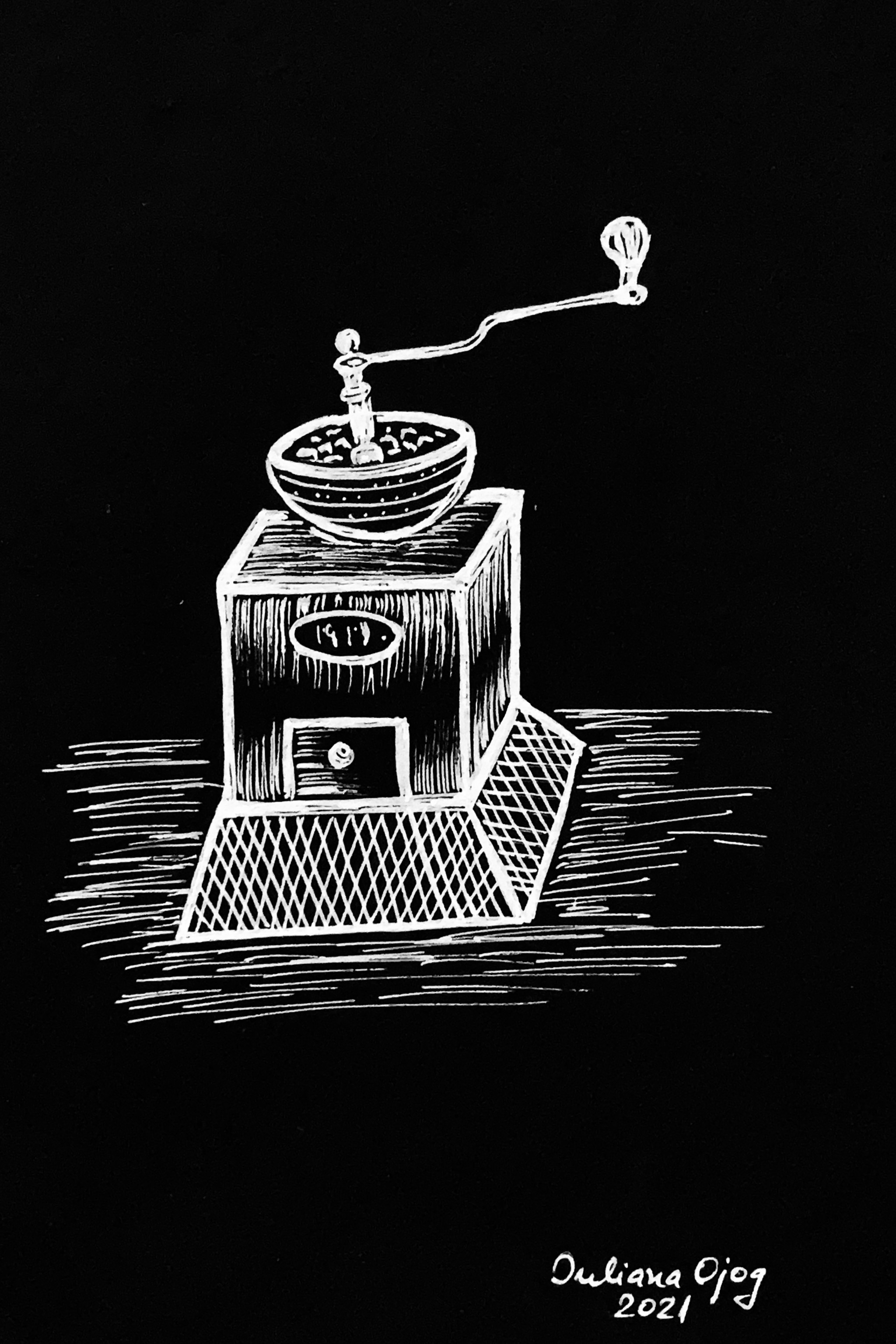Papierzeichnung, weiß auf schwarz: "Die alte Kaffeemühle"