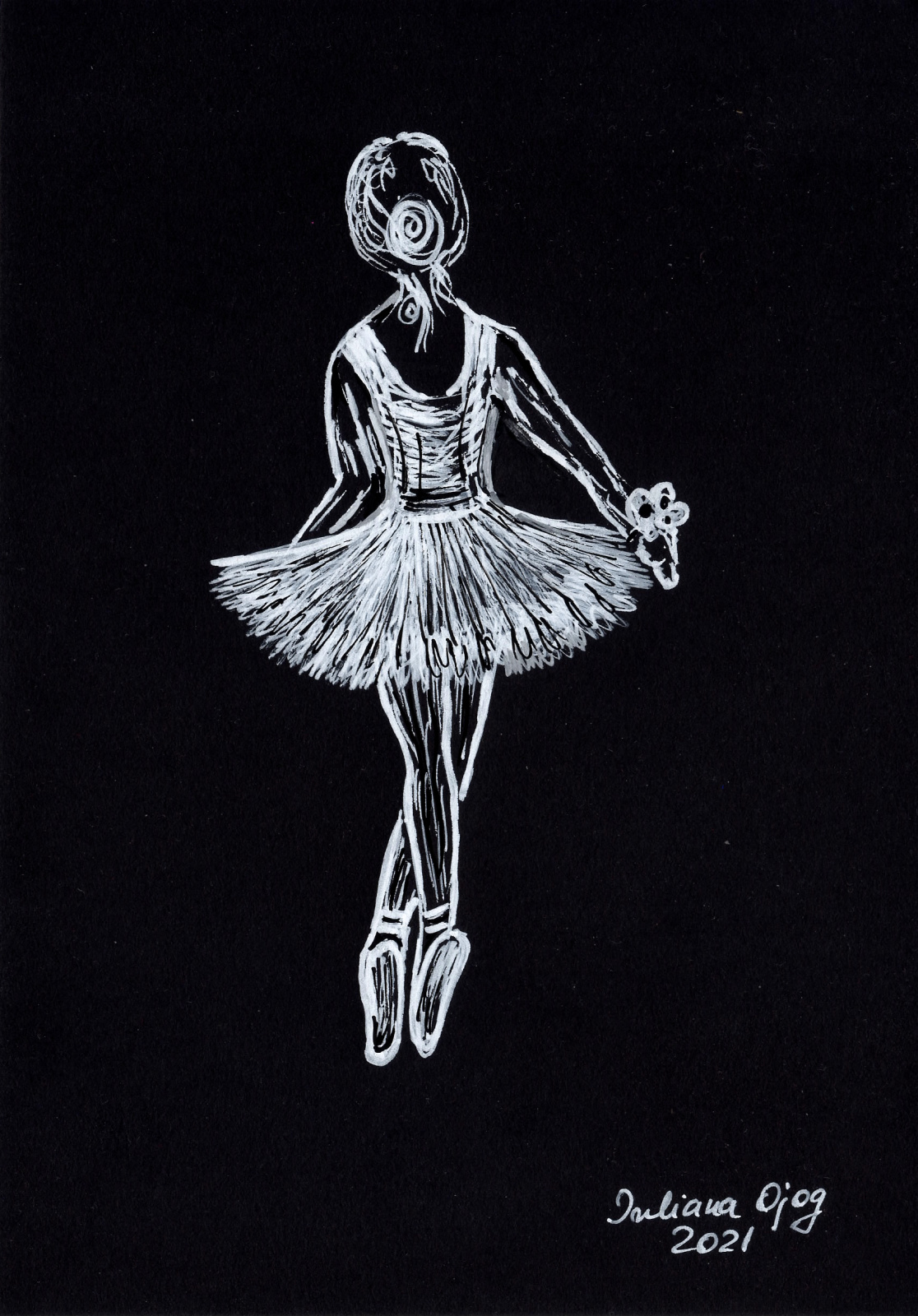 Papierzeichnung, weiß auf schwarz: "Die Ballerina"