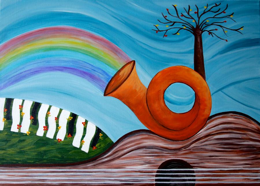 Acrylmalerei, Fantasielandschaft mit Musikinstrumenten: "Musiklandschaft"
