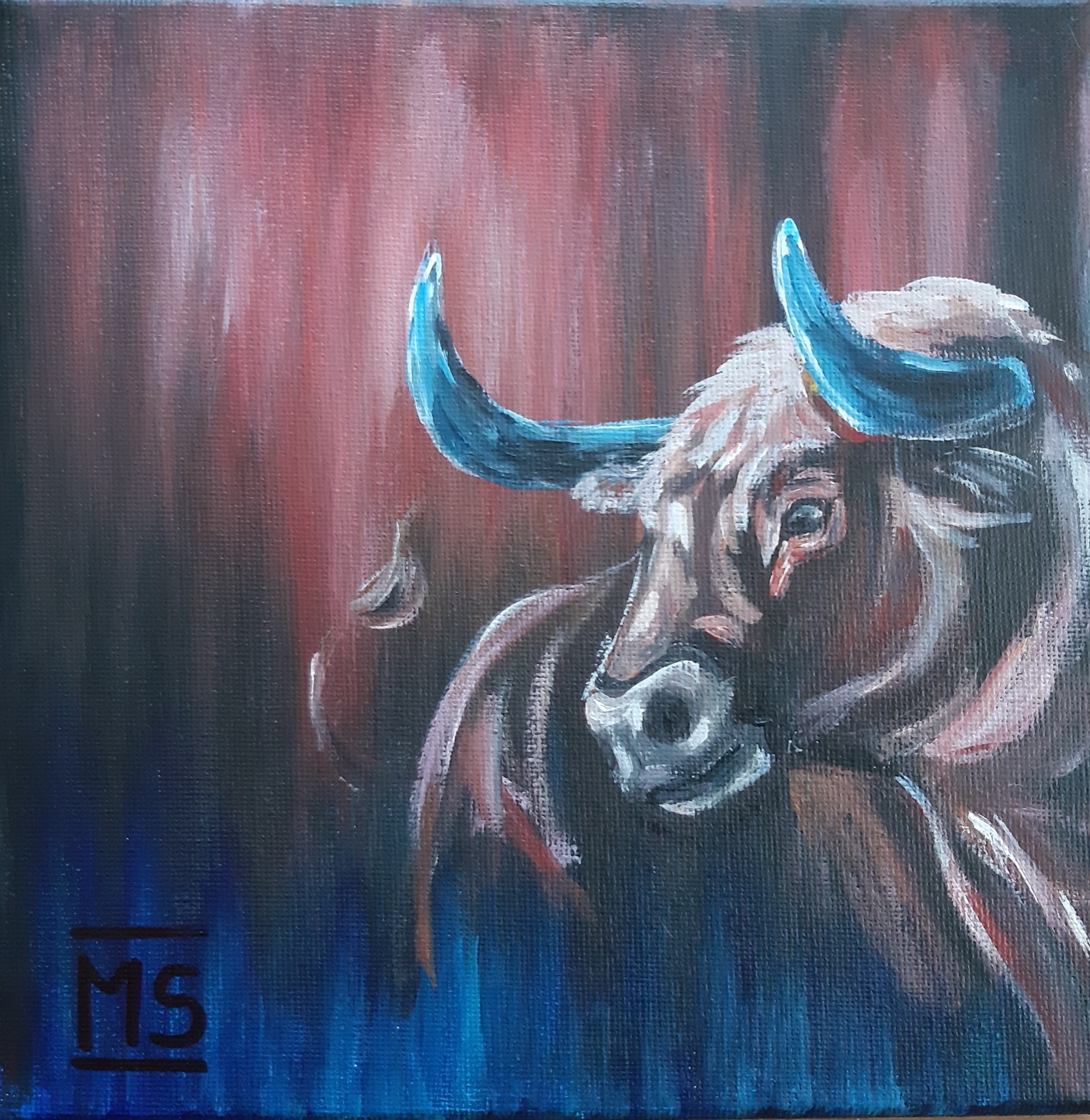 "Stier mit blauen Hörnern" mit Schattenfugenrahmen