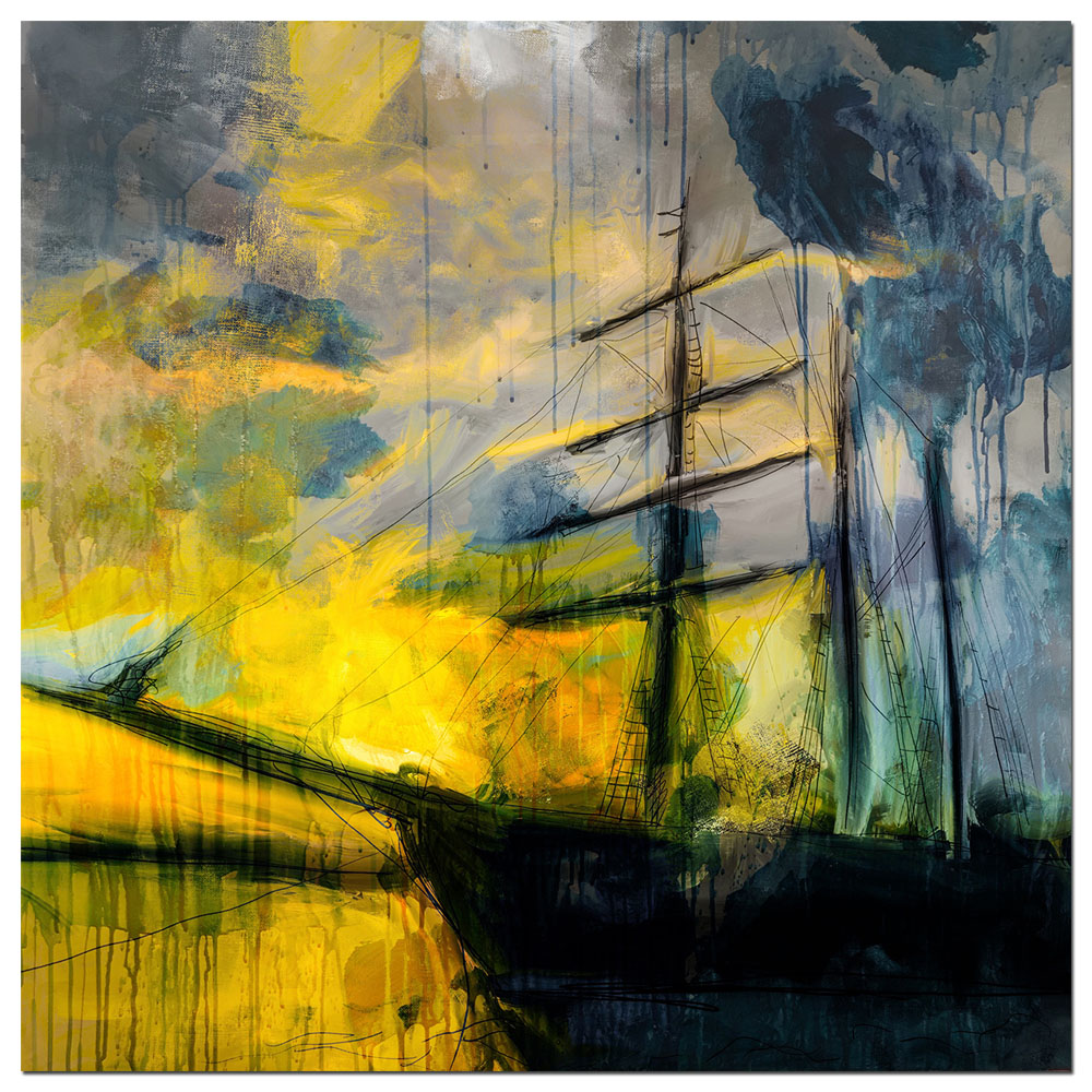 Acryl- und Digitalmalerei von H. Mühlbauer:  "Schiff im Hafen gelb schwarz blau"