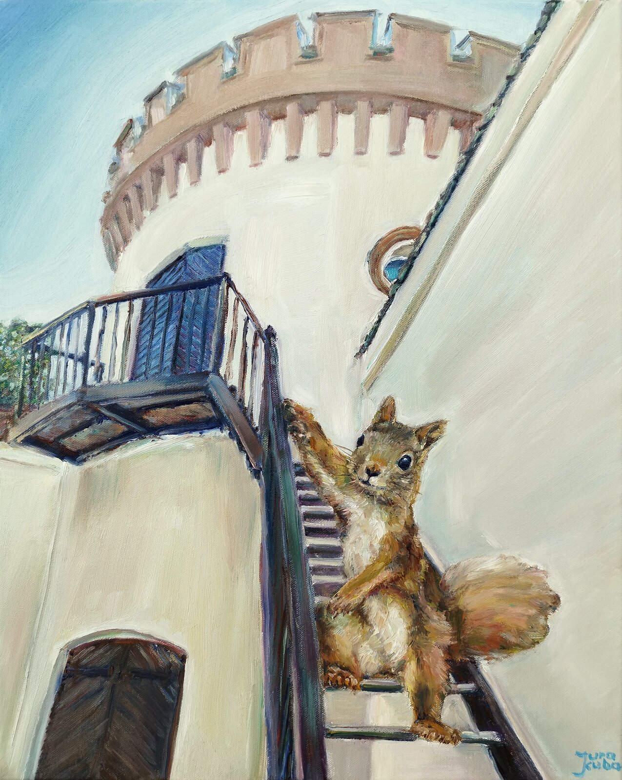 Eichhörnchen auf der Treppe, Öl auf Leinwand, 50 x 40 cm